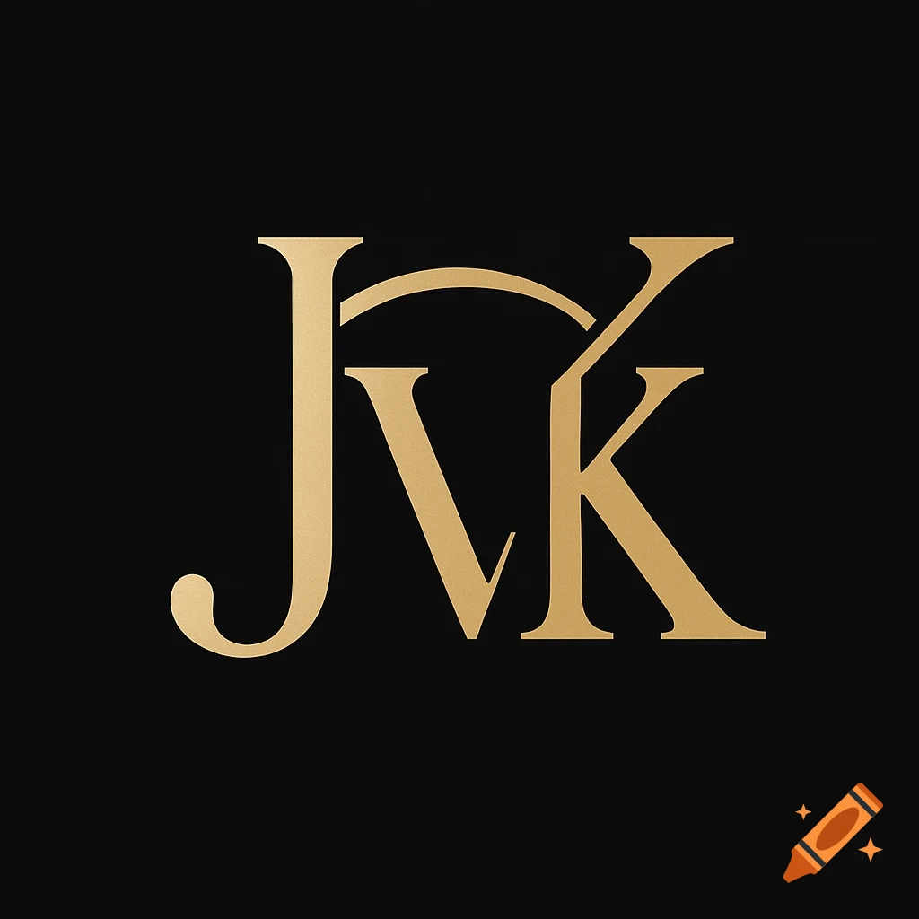 Minimalist gold monogram logo of intertwined letters J, V, and K on a black background.