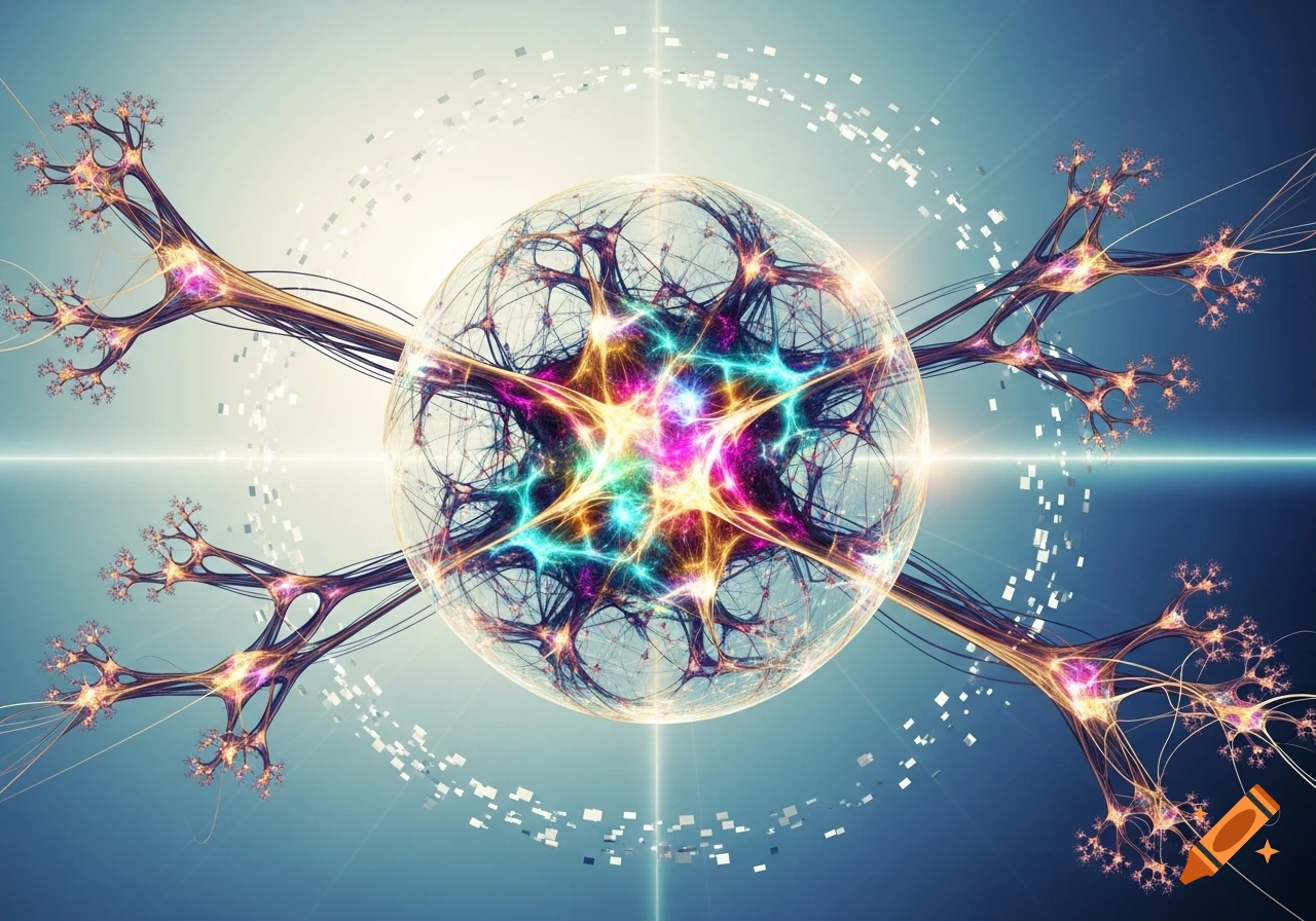 Vibrant abstract illustration of a central glowing sphere connected by branching, tree-like networks, possibly representing a neural network or AI.