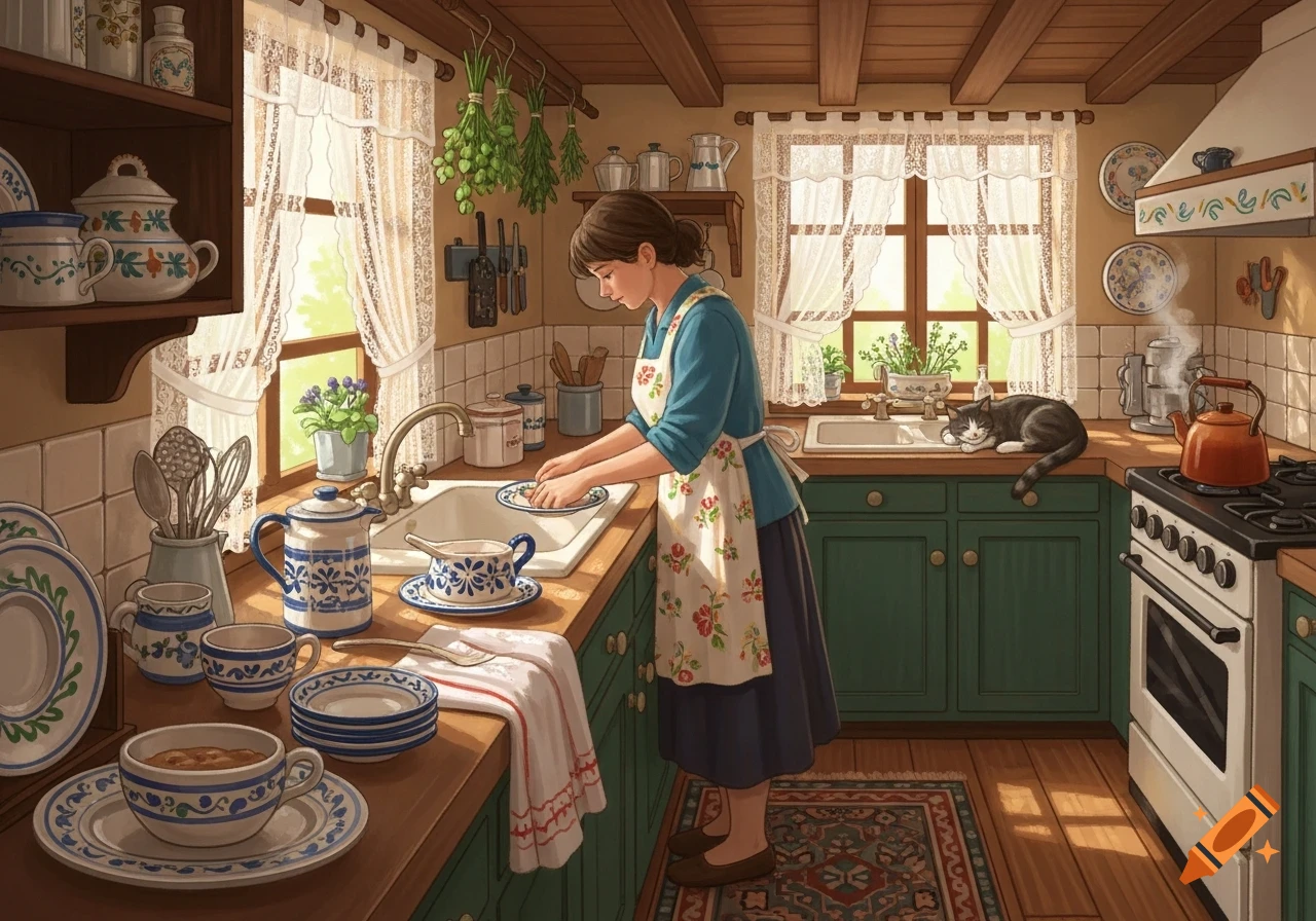 An illustration of a woman in an apron washing dishes in a rustic kitchen while a cat sleeps on the counter.