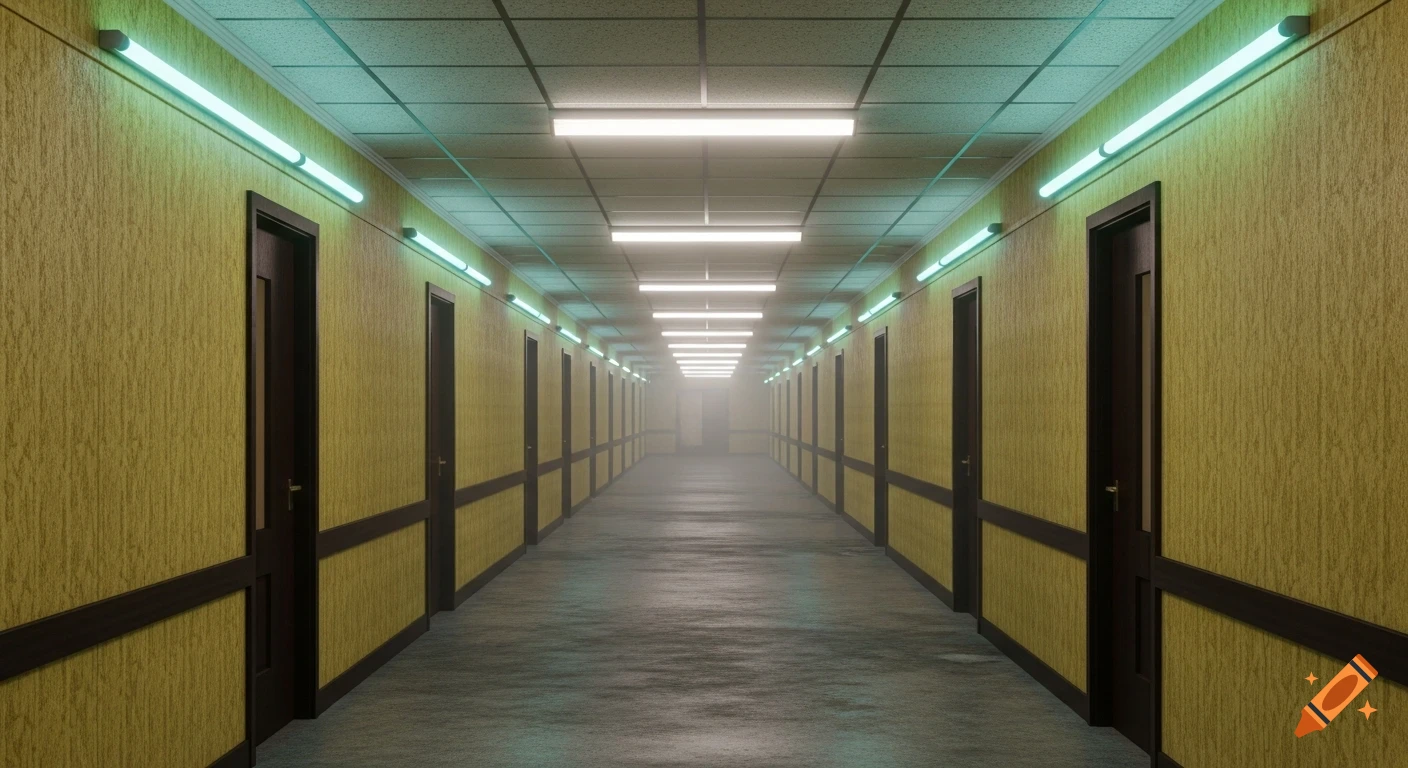 Long, empty, eerie office hallway with textured yellow walls, dark brown doors, and bright fluorescent lights receding into a hazy distance.