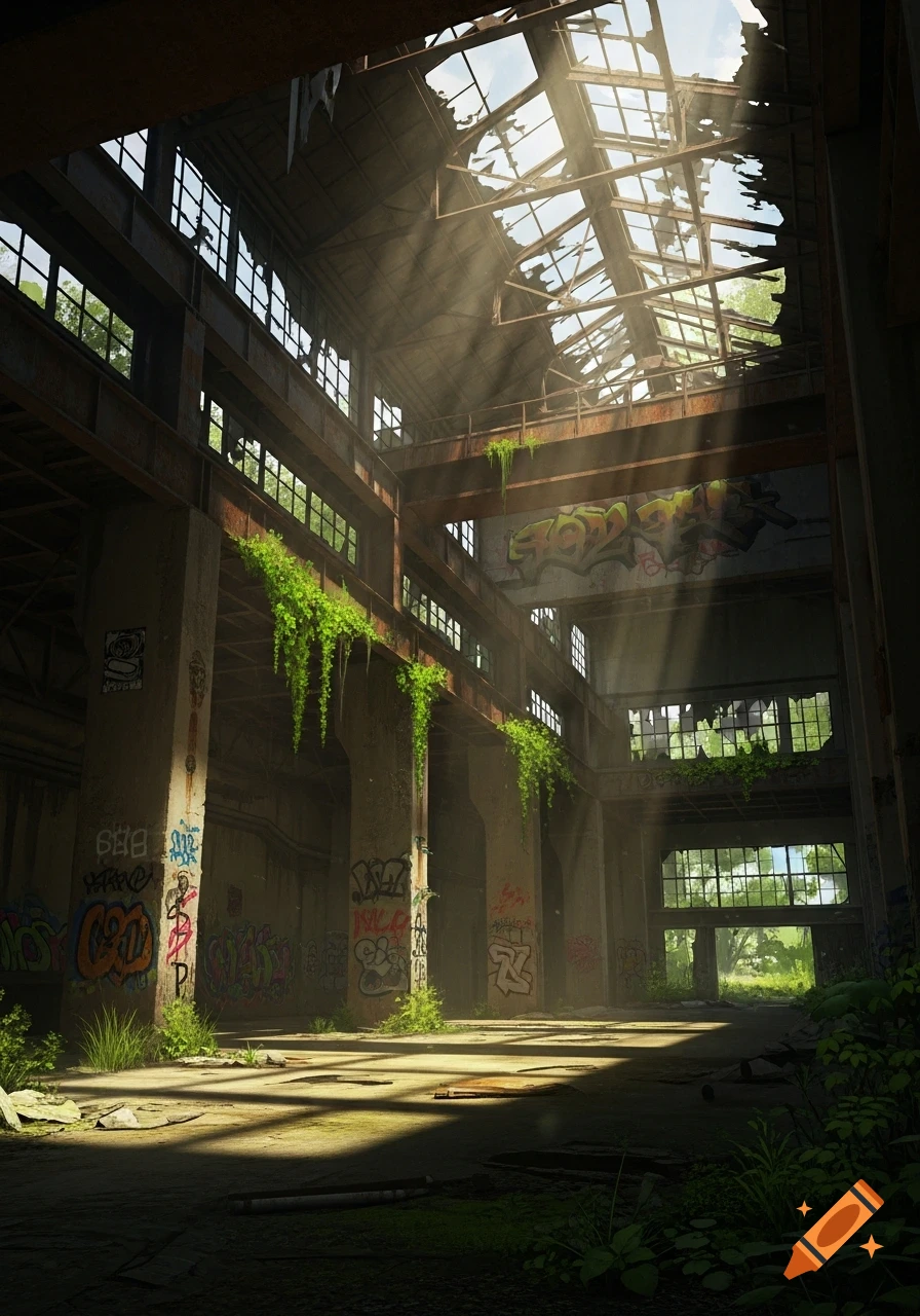 Sunbeams stream into a large, derelict industrial building overgrown with green vines and graffiti, showcasing urban decay.