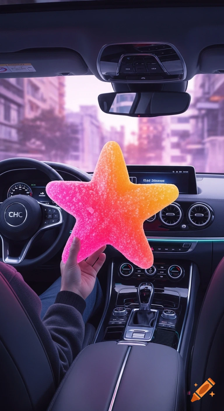 A person holds a large, vibrant pink and orange sugar-coated starfish gummy candy inside a car with a city background.