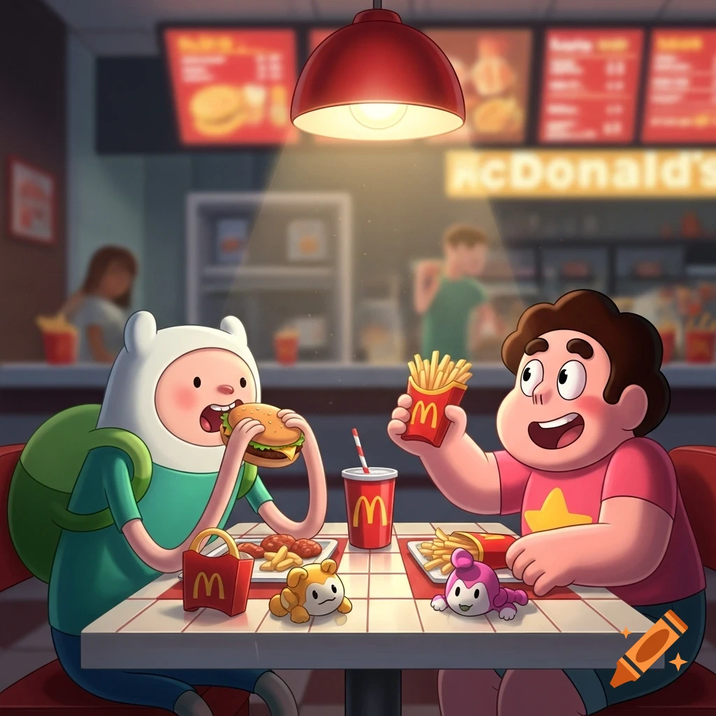 Cartoon characters Finn and Steven eat fast food at McDonald's, with Finn eating a burger and Steven holding fries.
