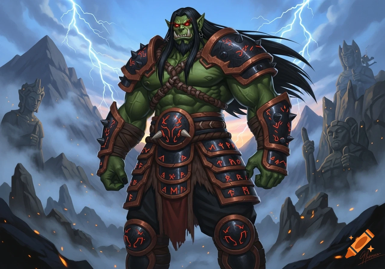 A muscular green orc warrior with long black hair, a beard, and glowing red eyes stands in ornate black and red spiked armor, against a backdrop of mountains and lightning.