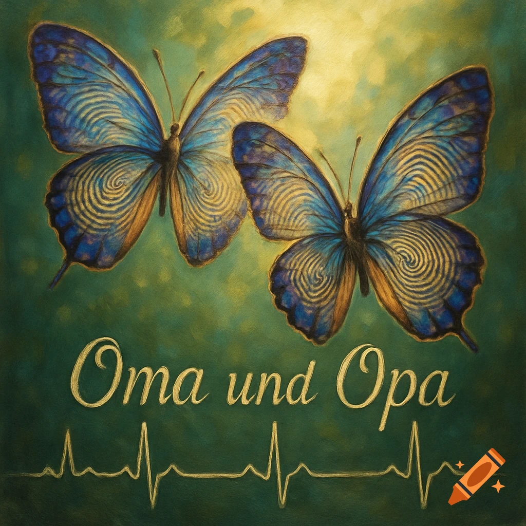 Two blue and gold butterflies with fingerprint patterns on their wings, above a gold ECG line and the text "Oma und Opa" in a painterly style.