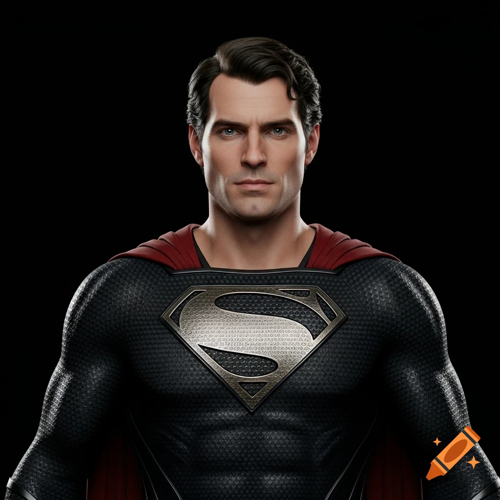 Photorealistic portrait of Henry Cavill as Superman in a black suit with a silver 'S' emblem, set against a dark background.