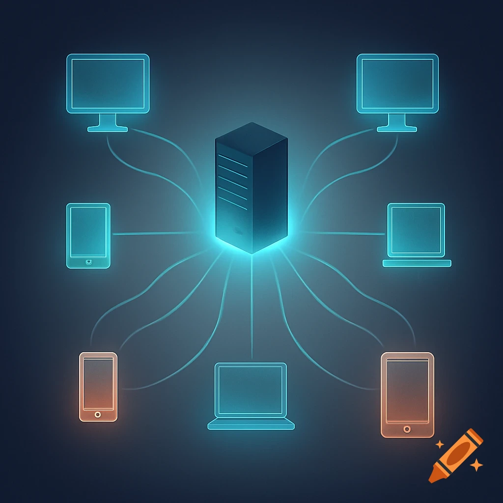 A stylized diagram shows a central server connected by glowing lines to multiple computers, laptops, tablets, and smartphones against a dark blue background.