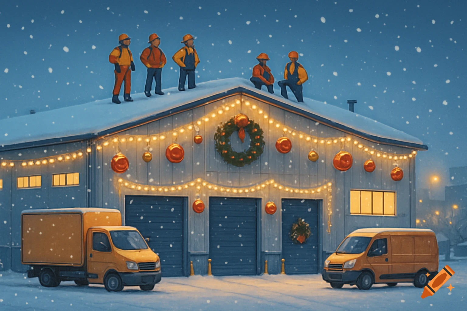 Snowy scene outside a logistics building decorated with Christmas lights, with workers on the roof and two delivery vans.