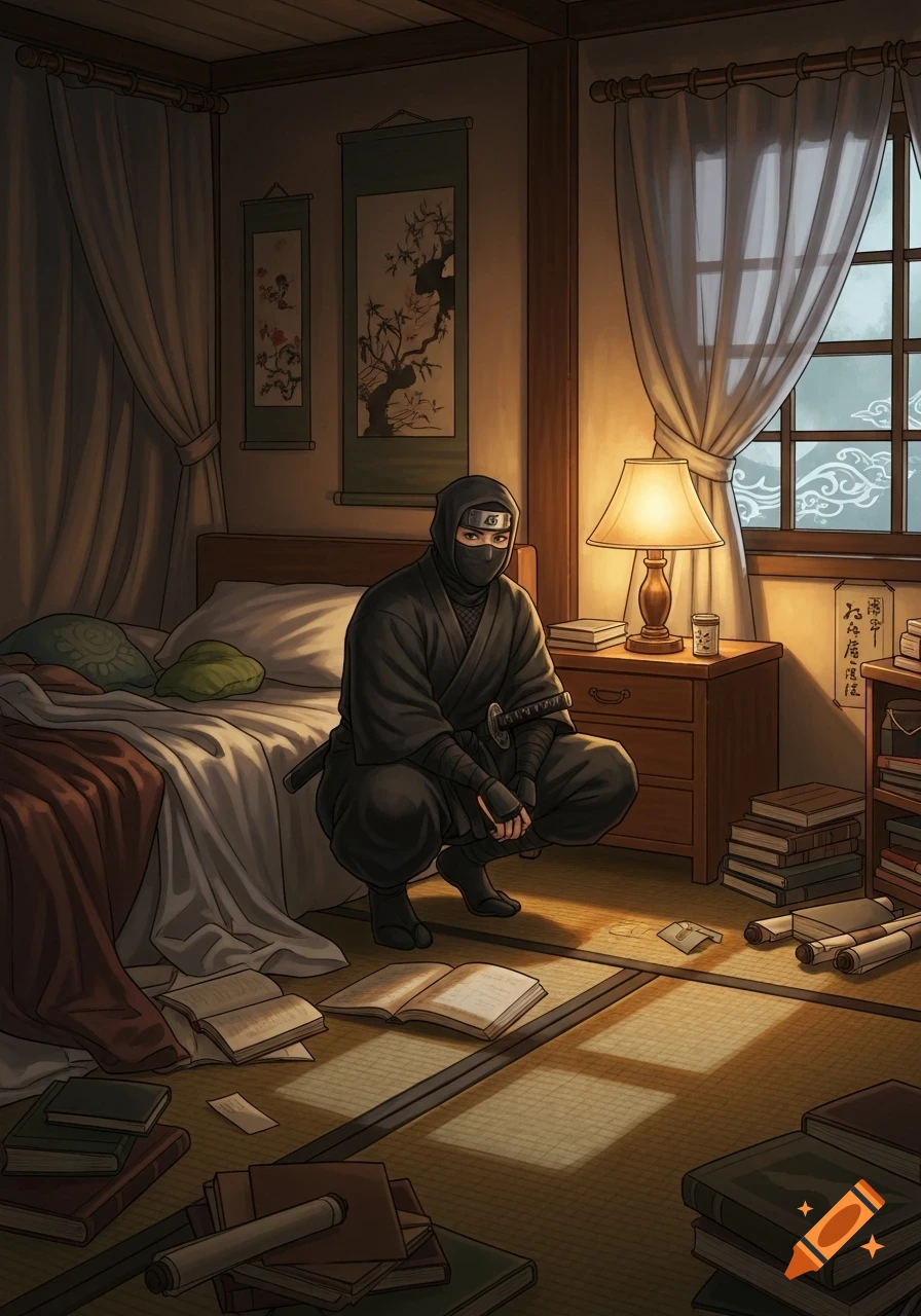 A ninja in a black suit crouches on the floor of a Japanese-style bedroom, surrounded by scattered books and scrolls, lit by a lamp and moonlight.