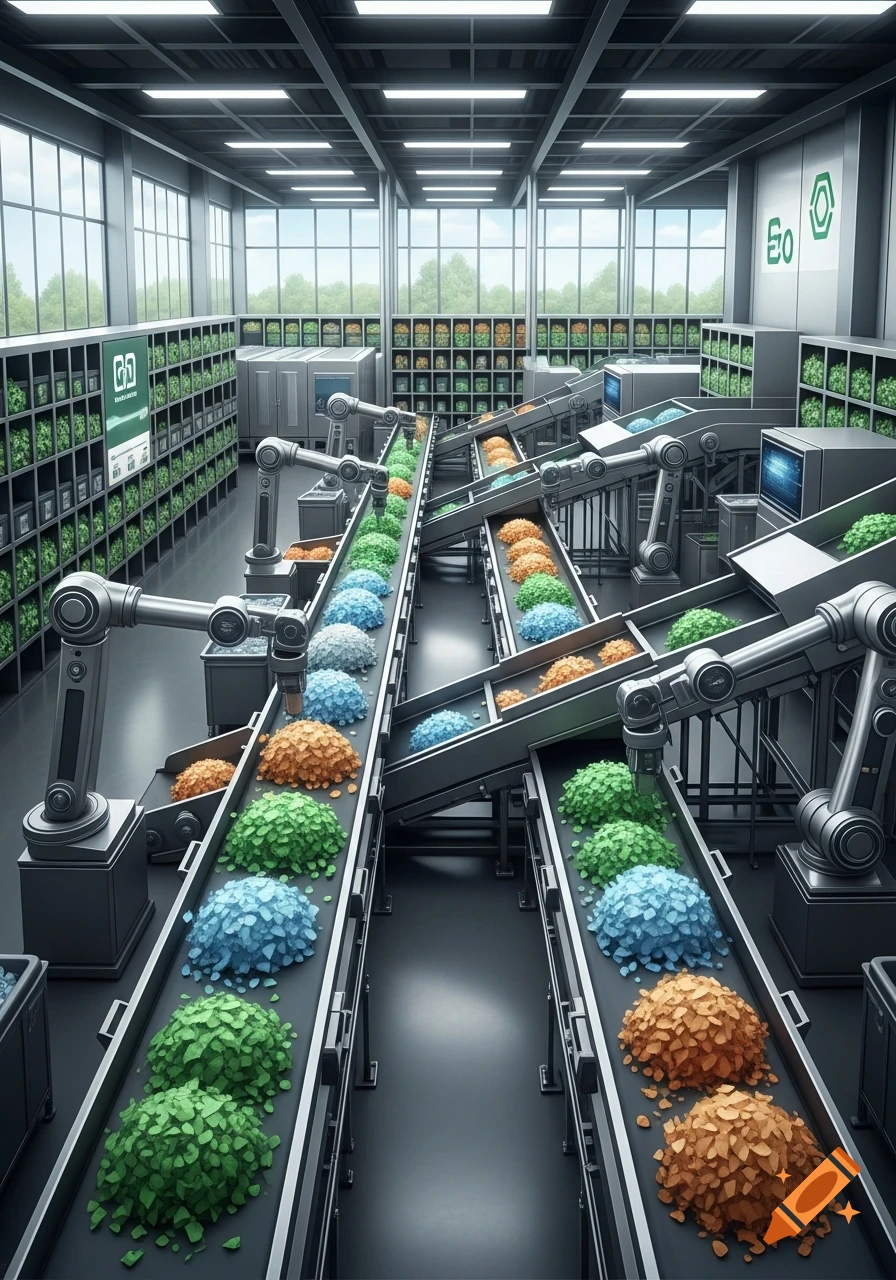 A modern, high-tech factory with robotic arms overseeing conveyor belts carrying piles of green, blue, and orange leaf-like materials, surrounded by shelves of similar items and large windows.