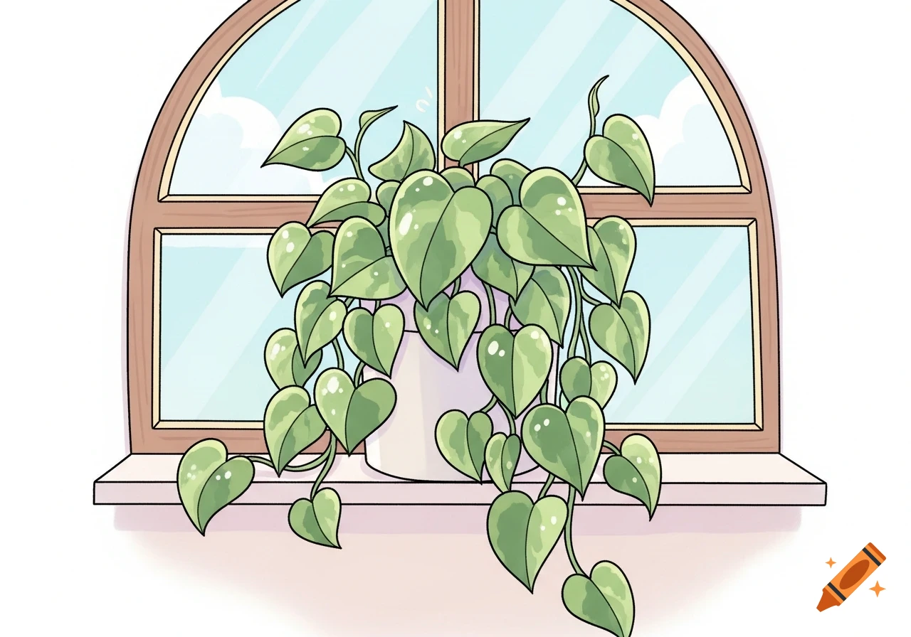 A potted houseplant with green leaves sits on a window sill in front of a light blue arched window, drawn in a comic style.