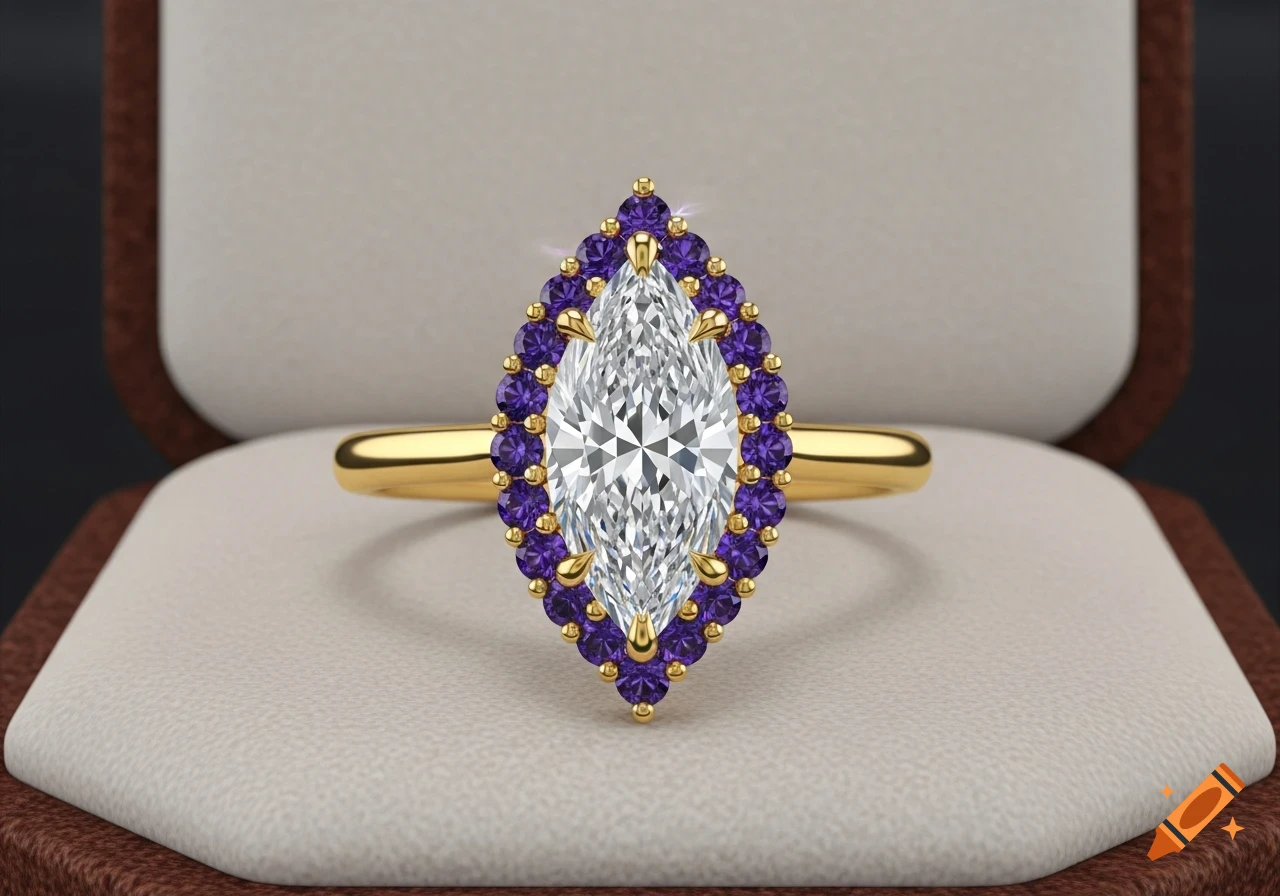 Photorealistic marquise-cut engagement ring: large white diamond, deep purple gem halo, gold band, in an open ring box.