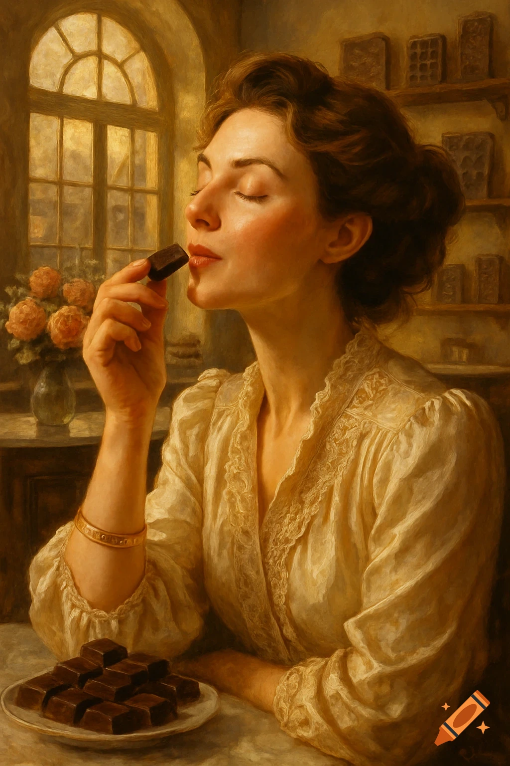 A woman with closed eyes savors a piece of chocolate, in a sunlit room depicted in a classical painting style.