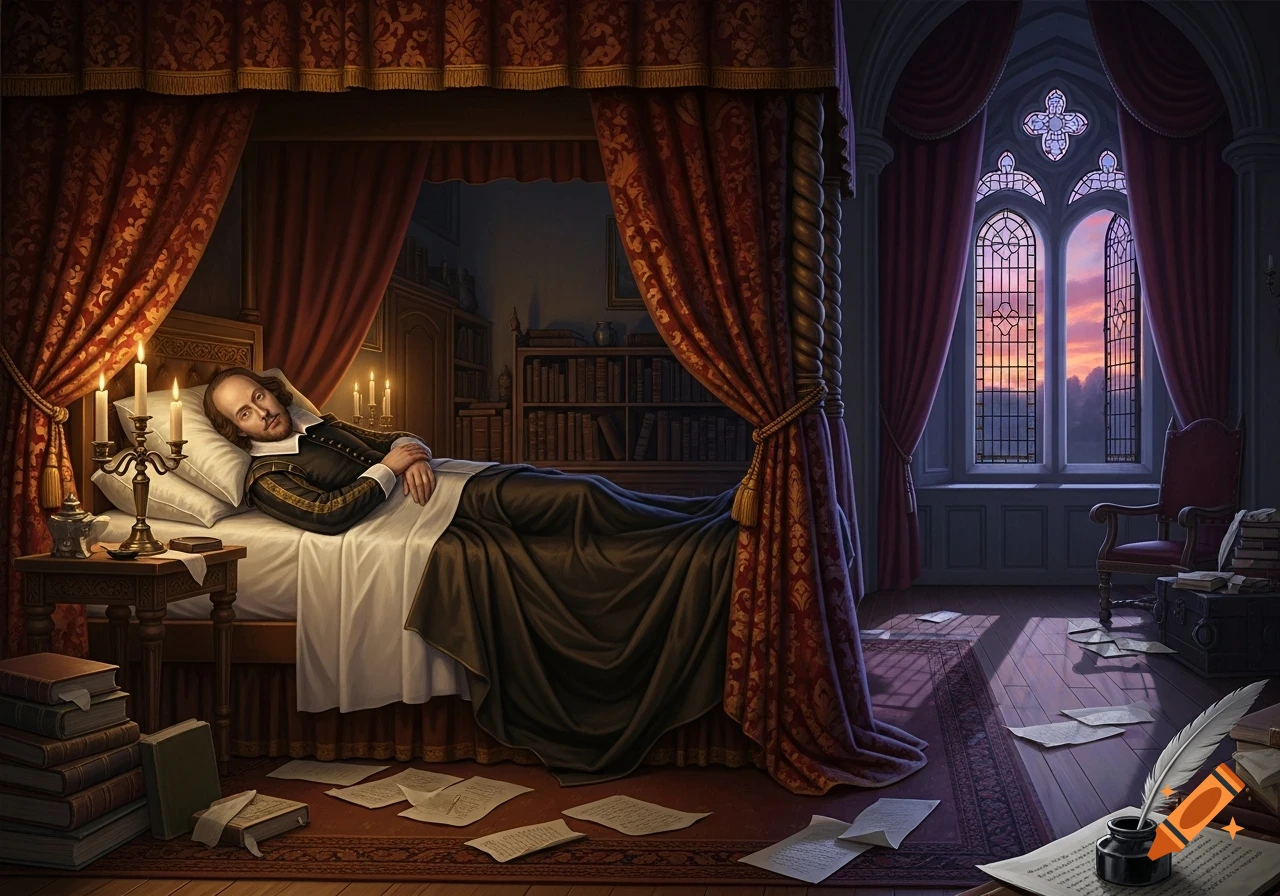 An illustration of William Shakespeare resting in a grand four-poster bed in a dark, ornate room filled with books and scattered papers, a sunset visible through a gothic window.