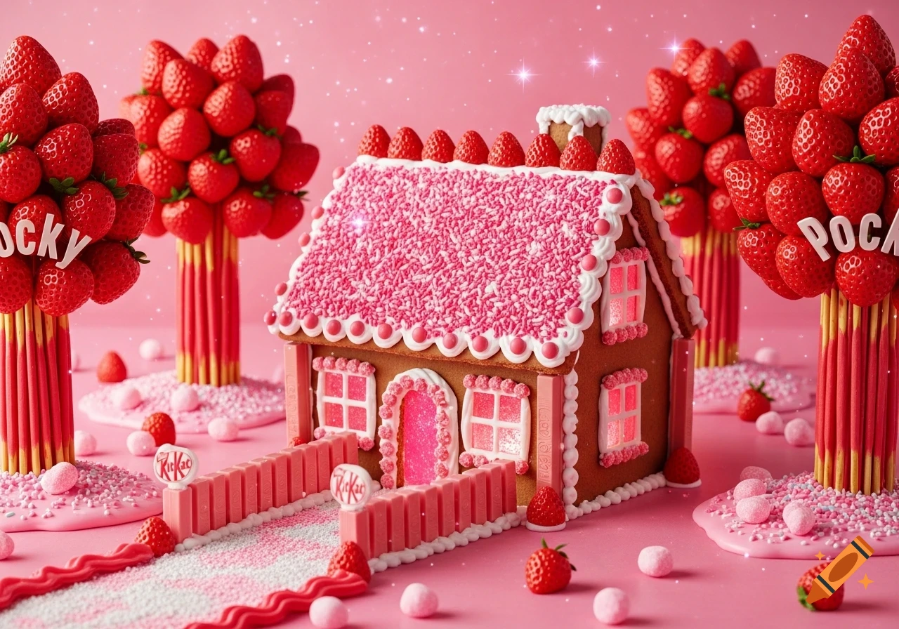 A whimsical gingerbread house with a pink sprinkled roof and strawberry KitKat fences, surrounded by strawberry Pocky trees, on a pink background.
