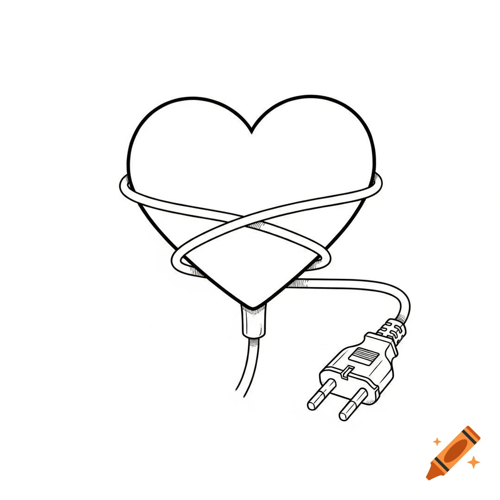 Black and white line drawing of a heart wrapped in an electrical cable with a European plug.