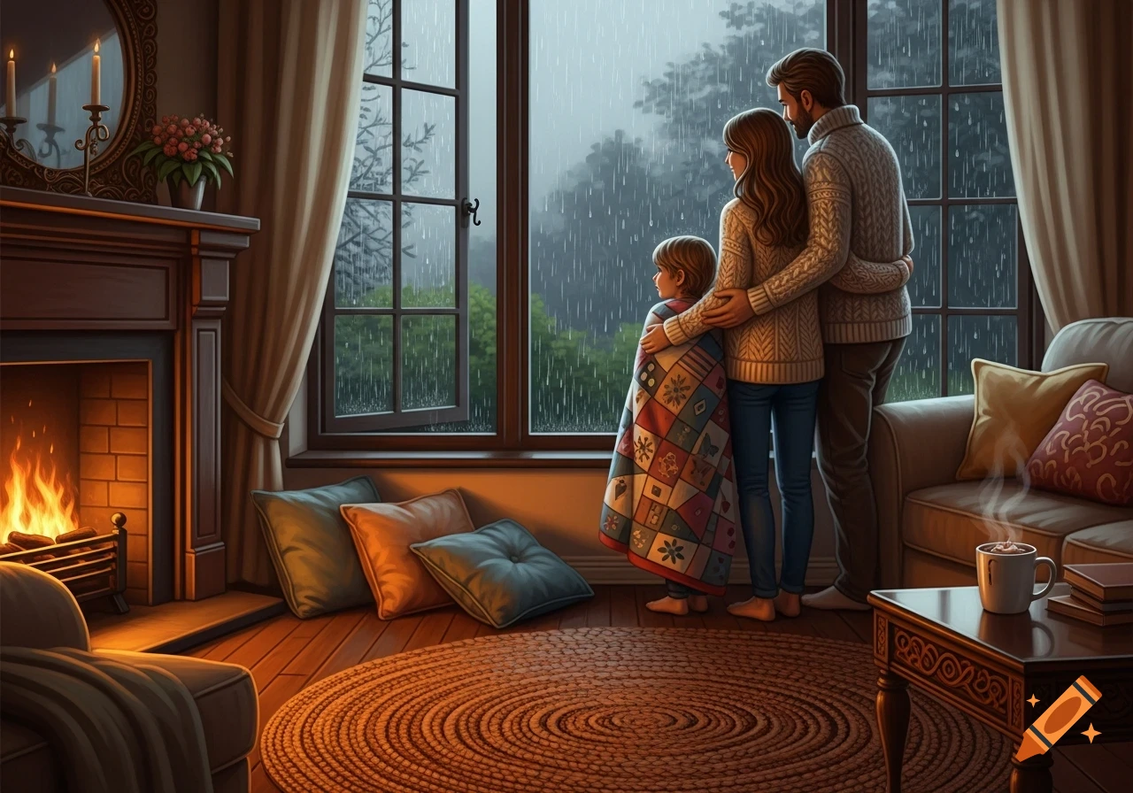 A family looks out a window at a rainy sky from a warm living room with a lit fireplace.