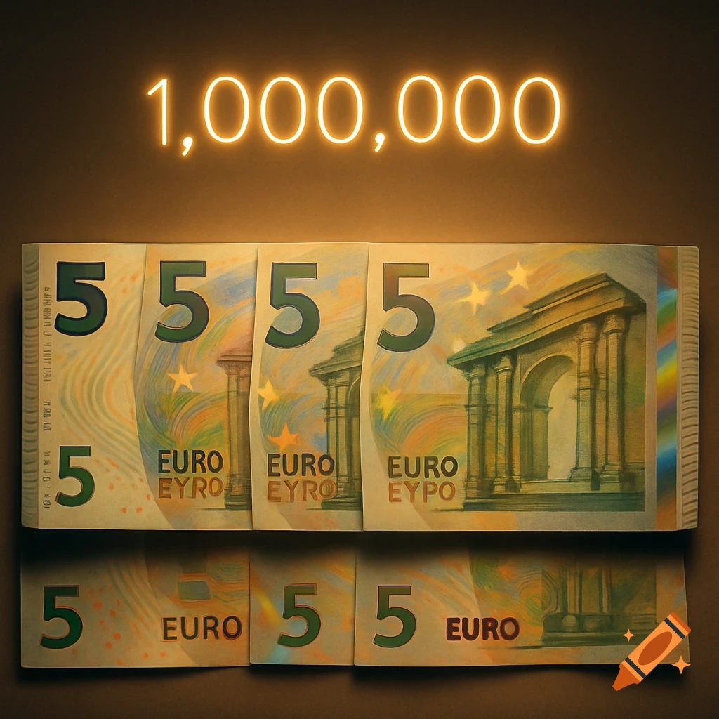 Close-up of four stylized 5-Euro banknotes with altered patterns and colors, underneath a glowing neon "1,000,000" text, in an artistic, photorealistic style.