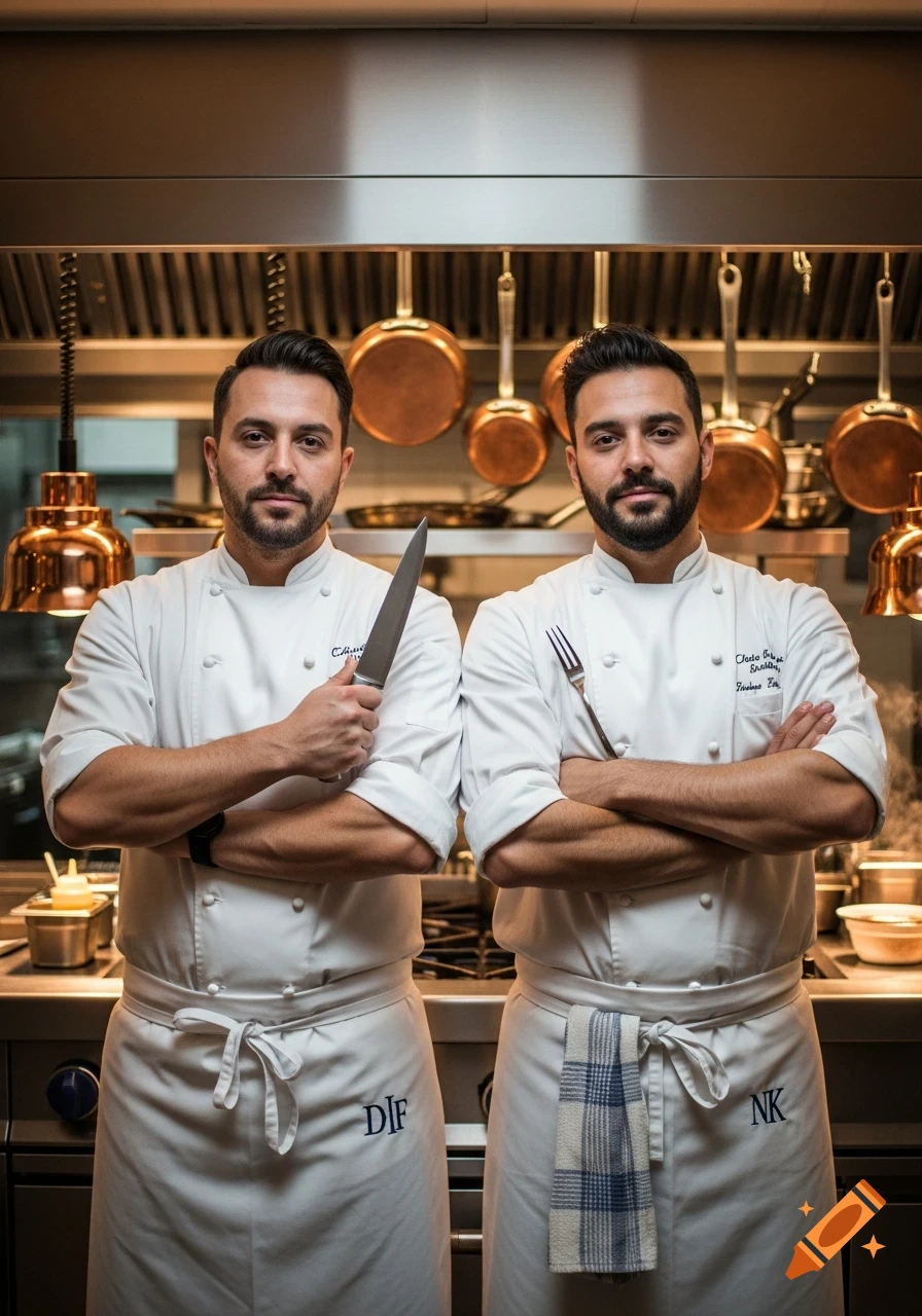 Two male chefs with crossed arms, one holding a knife and the other a fork, stand in a professional kitchen.