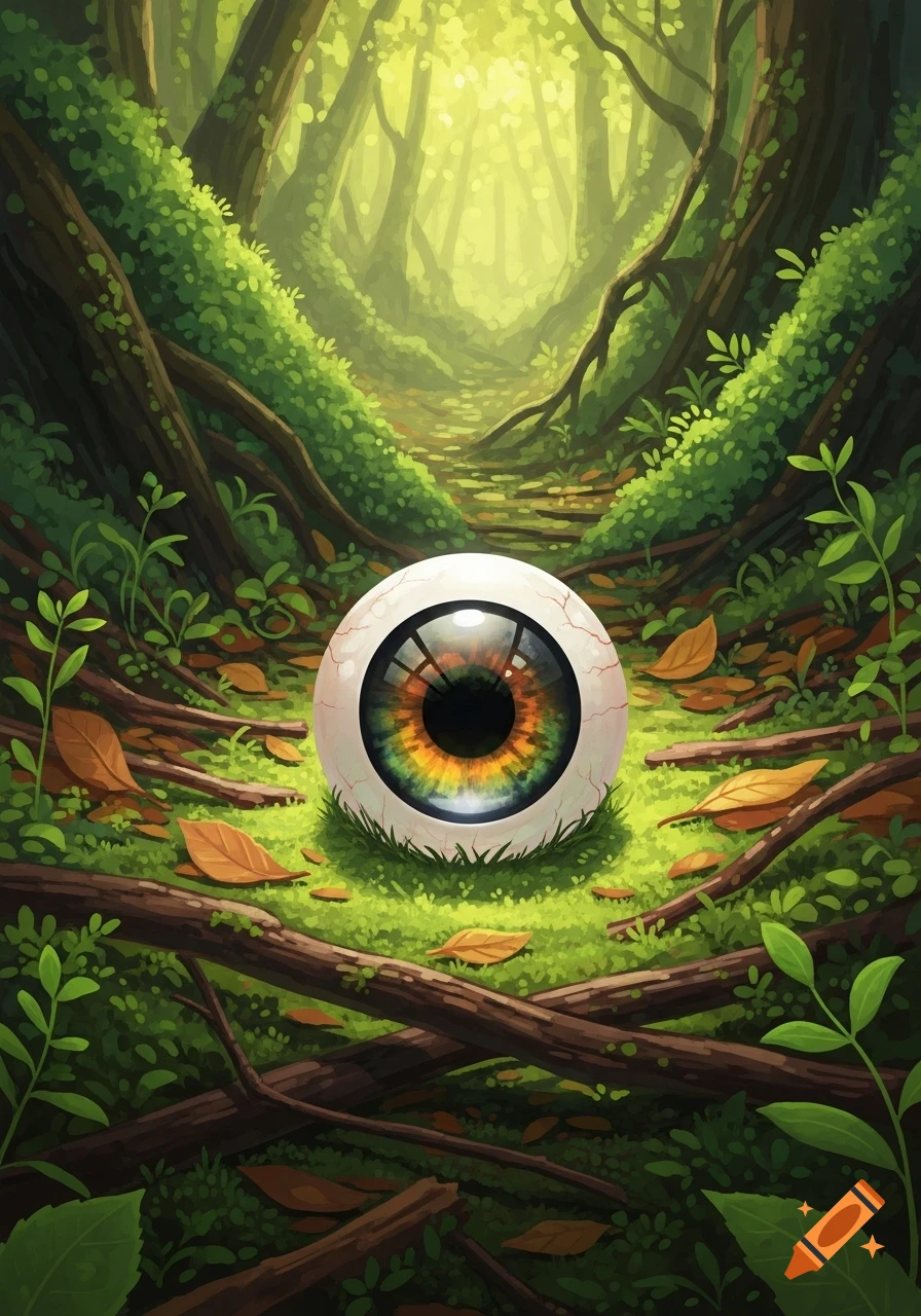 A large, colorful glass eye rests on a mossy forest floor with twigs and leaves, in a whimsical Ghibli-inspired style.
