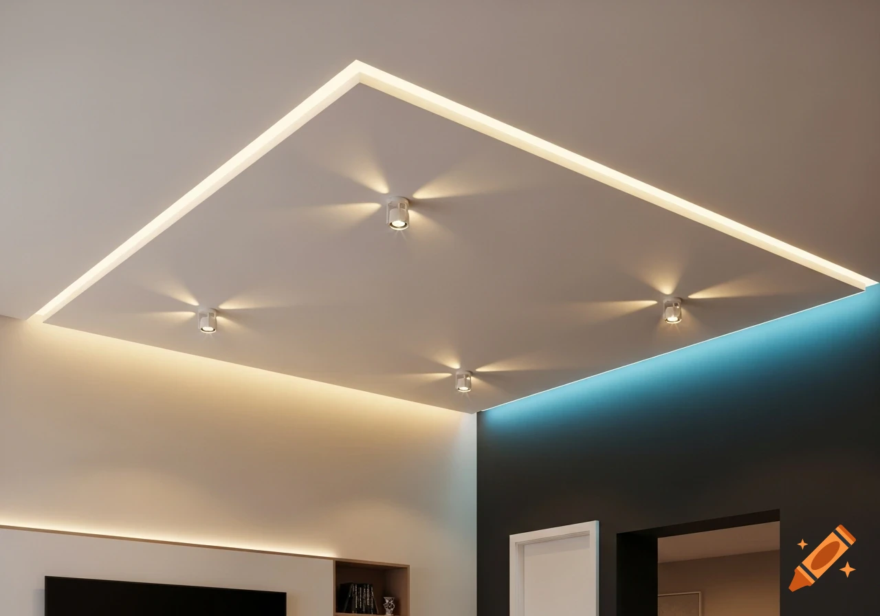 A modern interior ceiling features recessed LED spotlights and indirect strip lighting in both warm and cool tones.