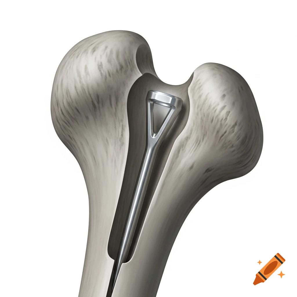 A detailed medical illustration of a femur bone cut open to show an intramedullary nail inserted inside.