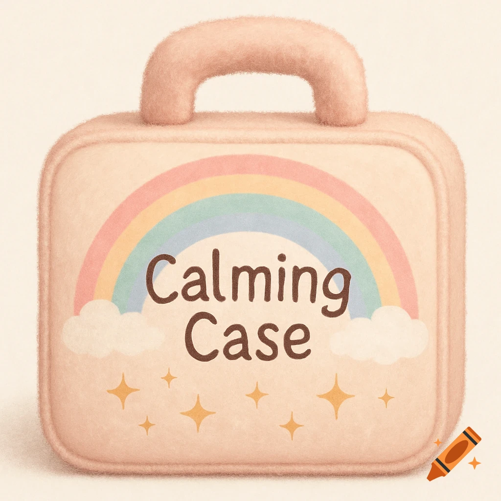 A pastel pink fuzzy case with a rainbow, clouds, stars, and the words 'Calming Case' on the front.