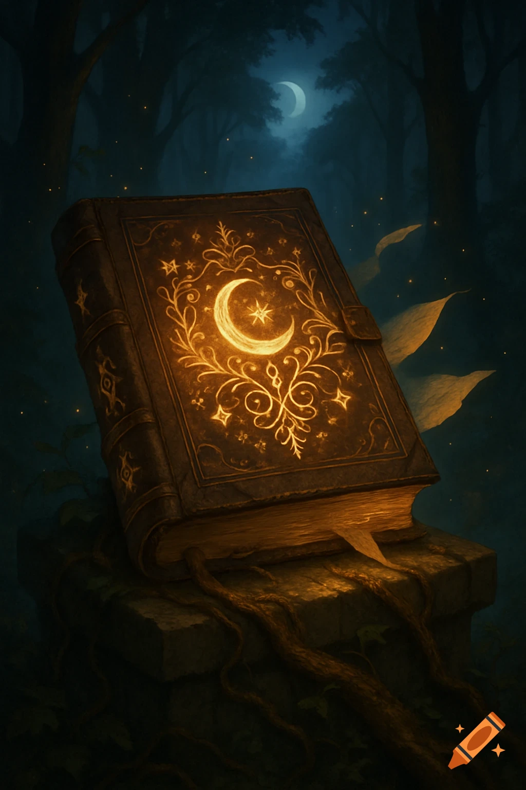 A glowing magical grimoire with celestial symbols rests on a stone in a dark, moonlit forest, with vines trailing.