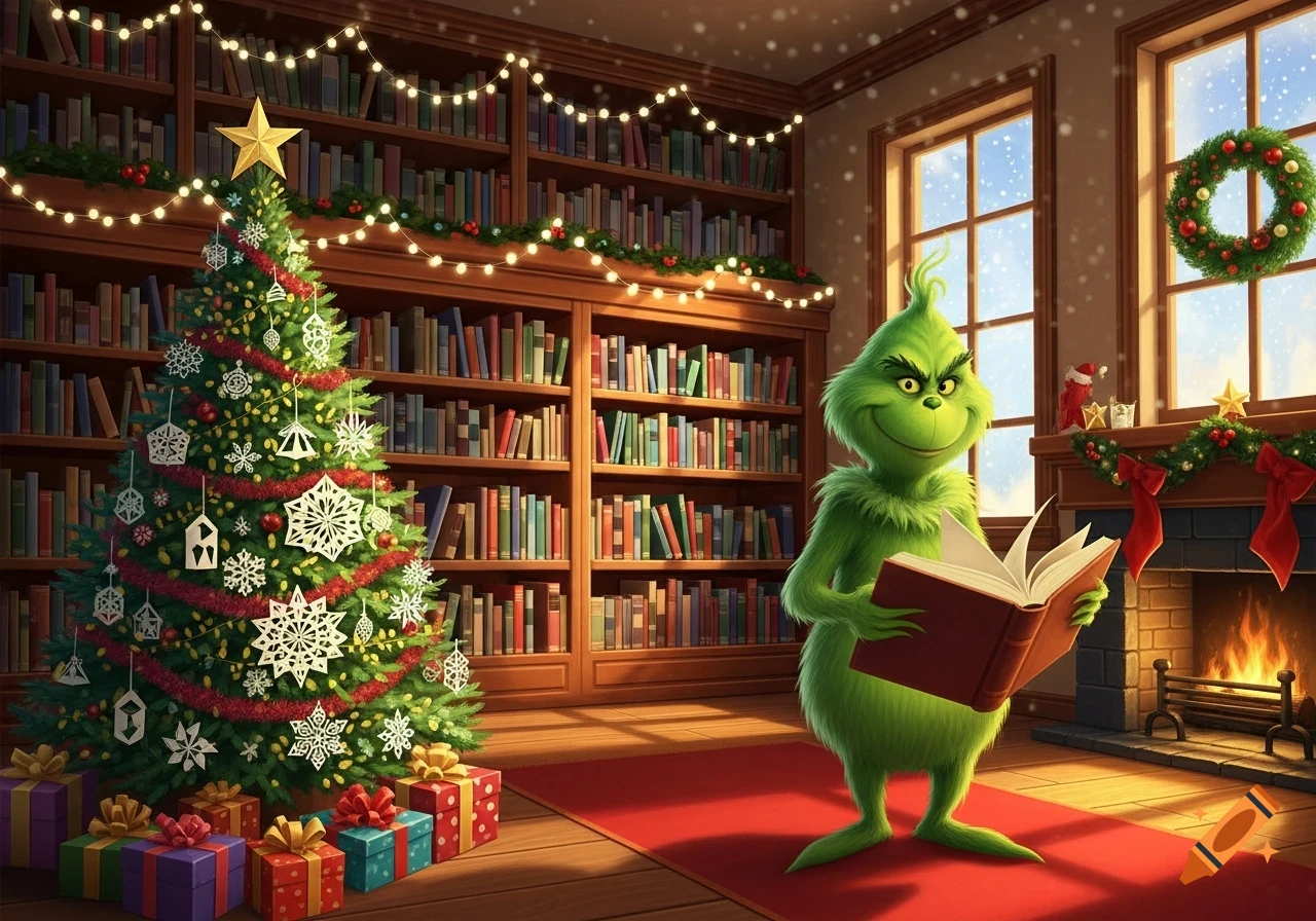 The Grinch reads a book in a festive, decorated library with a Christmas tree and fireplace, as snow falls outside.