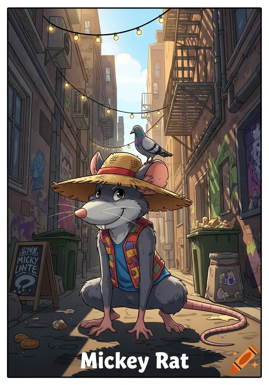 Cartoon mouse character, Mickey Rat, wearing a straw hat and colorful vest, squats in a gritty alleyway with a pigeon on its head. Graffiti and trash cans are visible.