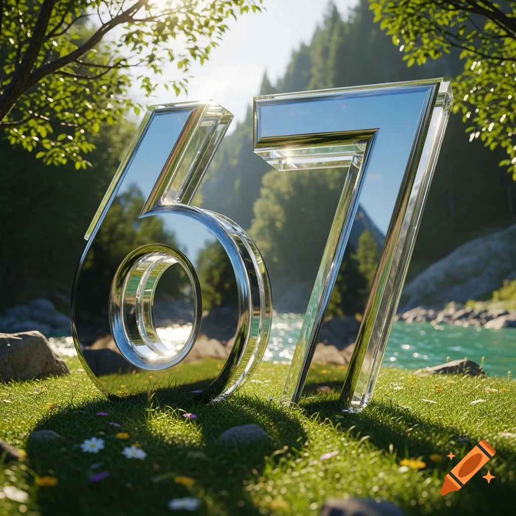 Large, reflective chrome numbers 67 stand on sunlit green grass in a forest with a river, 3D rendering.