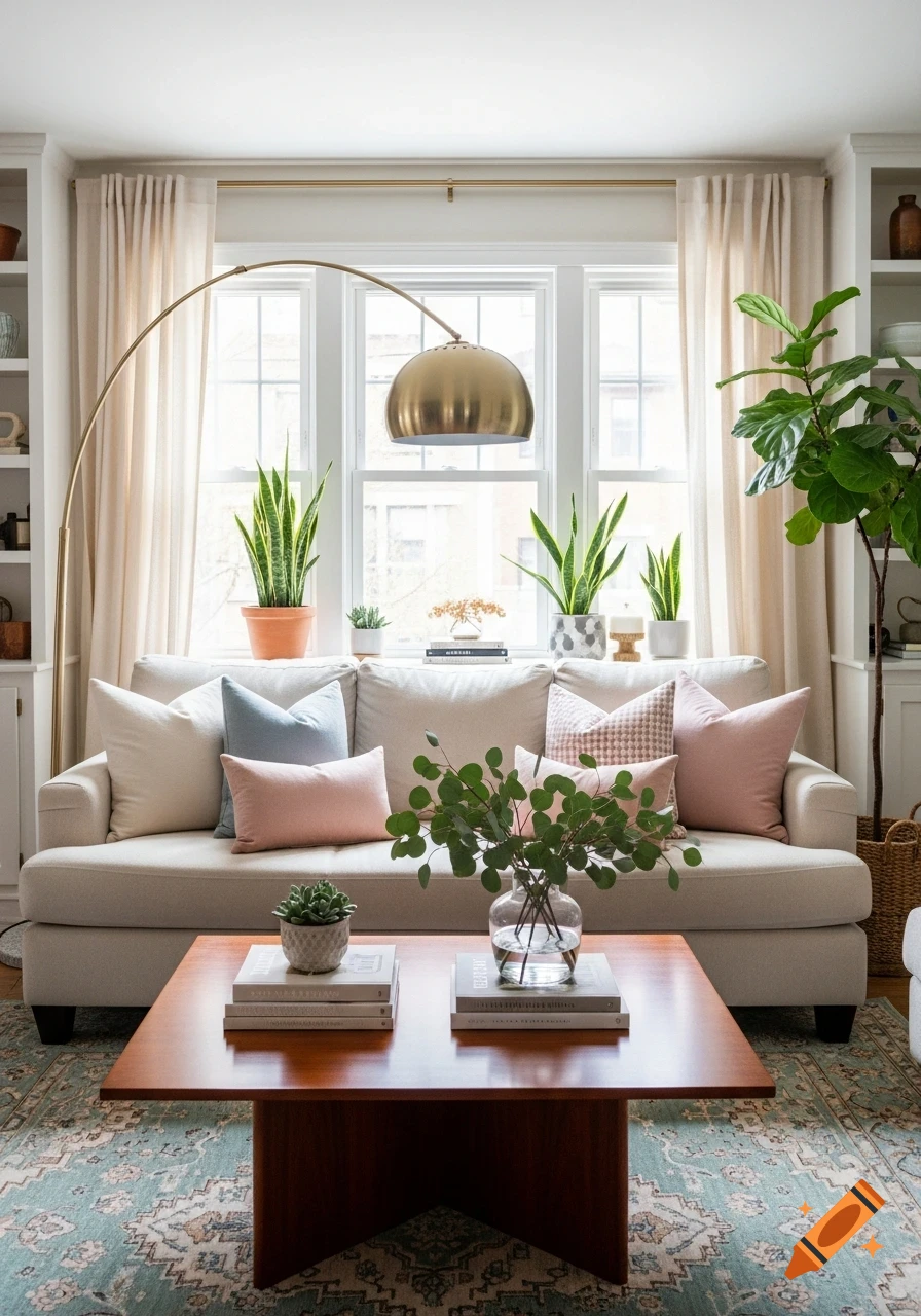 A stylish, brightly lit living room with a beige couch, a wooden coffee table, numerous potted plants, and a gold arc lamp.