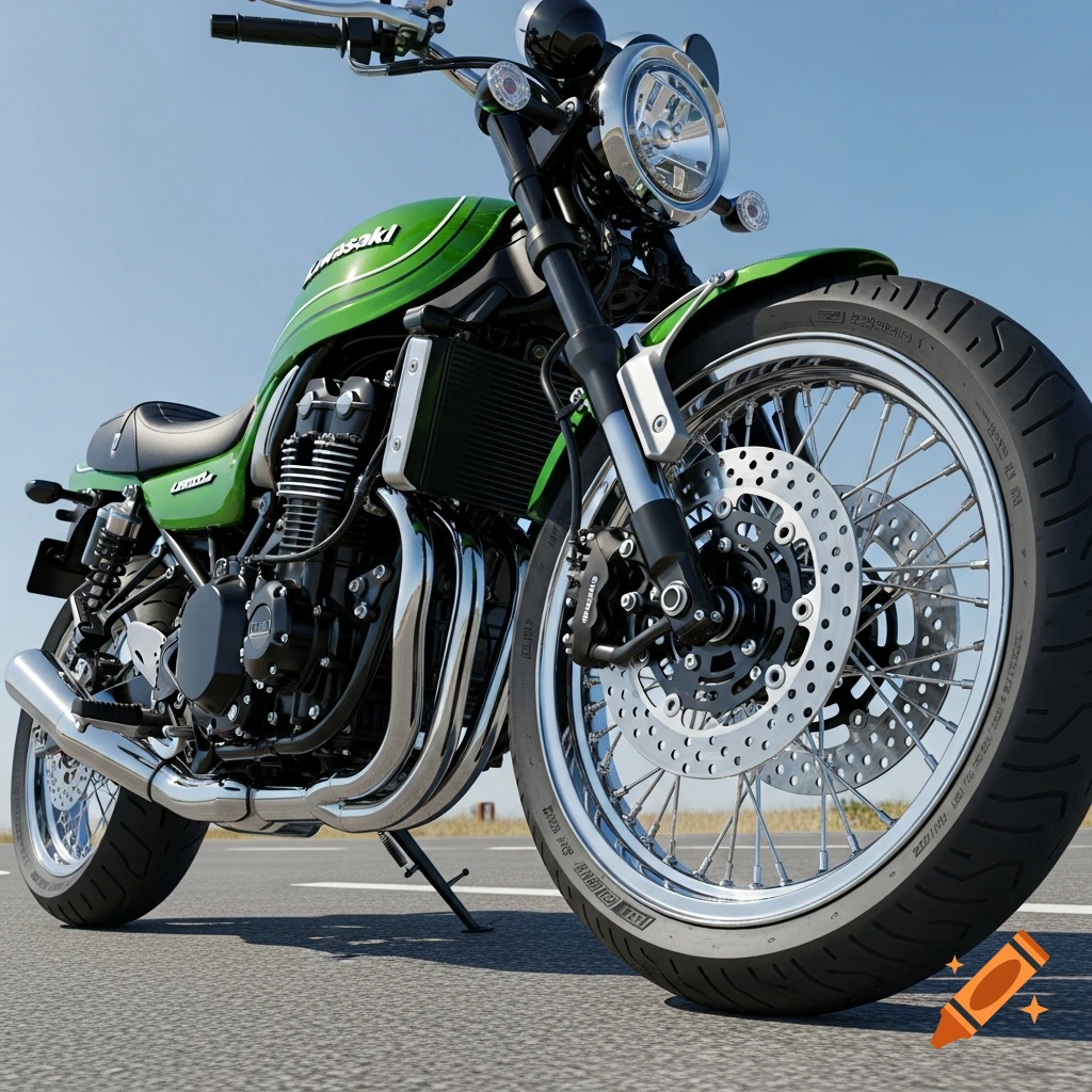 Green and chrome Kawasaki Z900RS motorcycle parked on asphalt against a clear blue sky, viewed from a low angle.