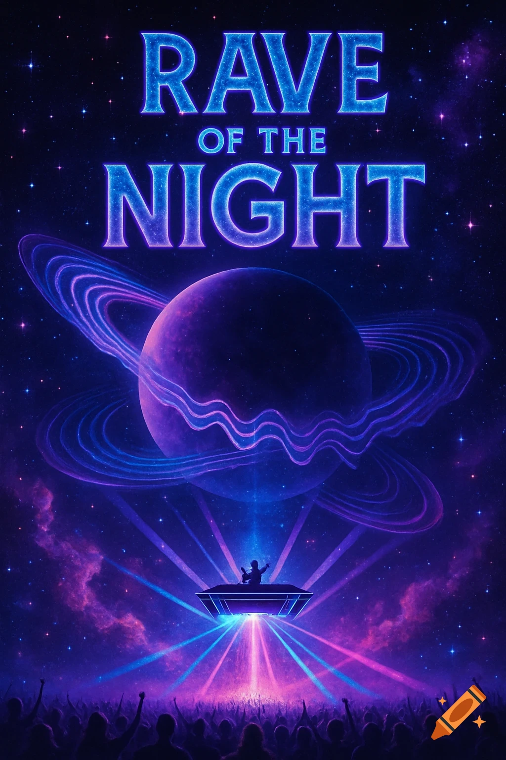 A vibrant cosmic rave scene in deep space with glowing neon text 'Rave of The Night' above a DJ booth hovering over a crowd.