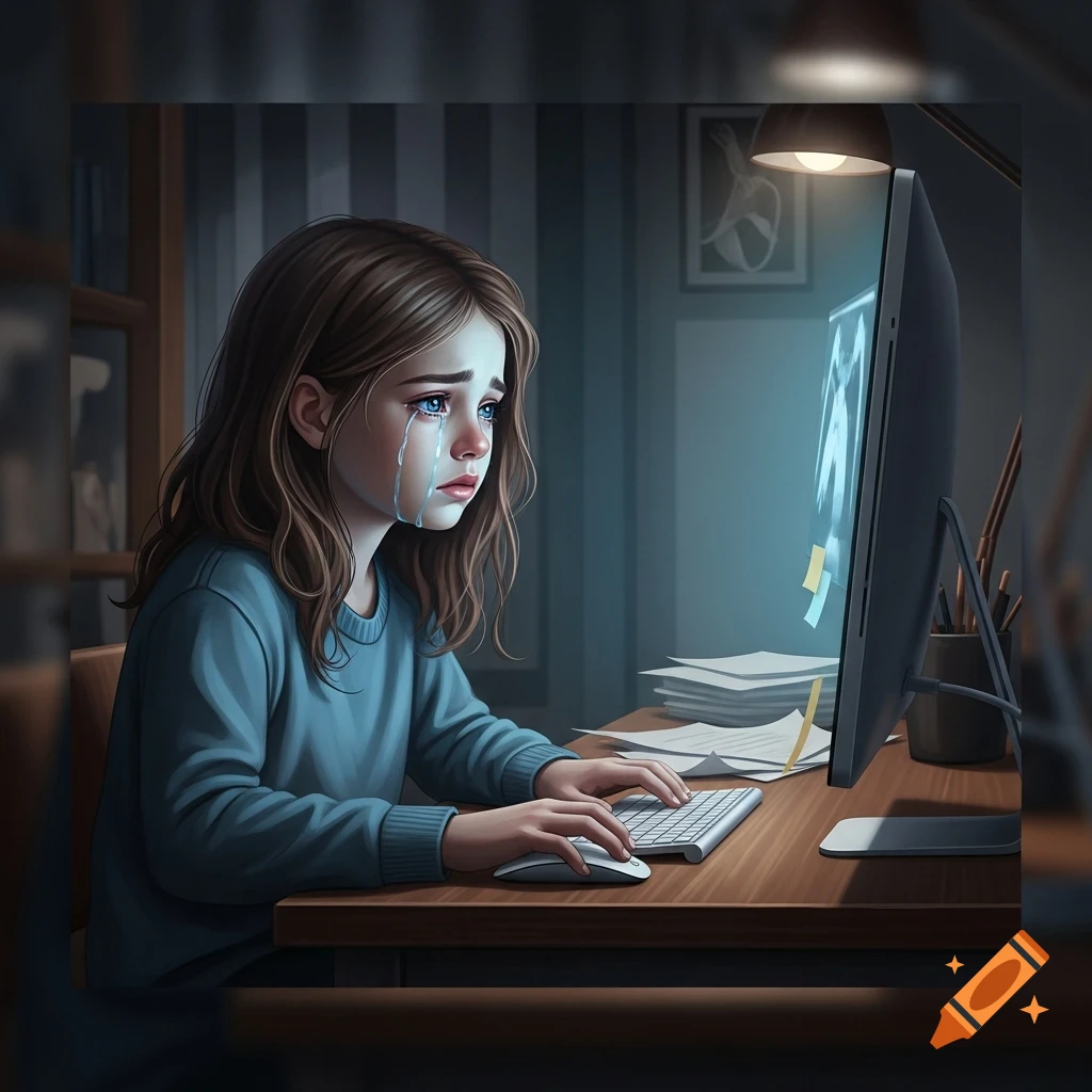 Digital art illustration of a young girl crying while sitting at a desk and looking at a glowing computer screen in a dim room.