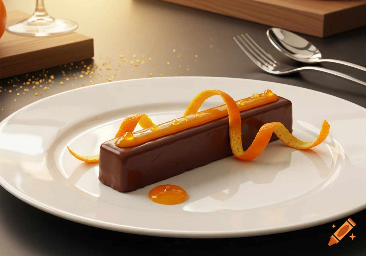 A rectangular chocolate dessert bar topped with orange glaze and fresh orange zest, served on a white plate with cutlery in the background.
