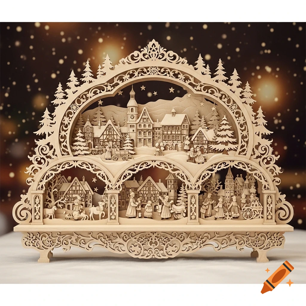 Intricate wooden Christmas decoration depicting a layered winter village scene with houses, trees, and figures against a warm, bokeh background.