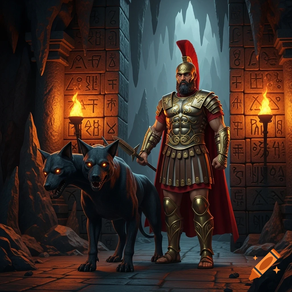 A bearded warrior in golden Roman armor and a red cape stands with a two-headed black dog with glowing eyes in a dark, torch-lit ancient cavern.