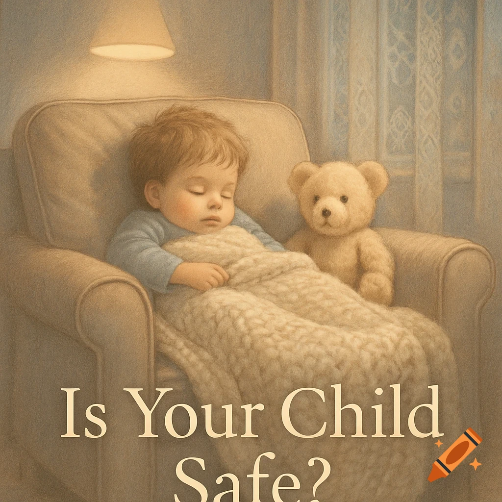 An illustration of a child sleeping soundly in an armchair with a teddy bear, under a warm light. Text says 'Is Your Child Safe?'