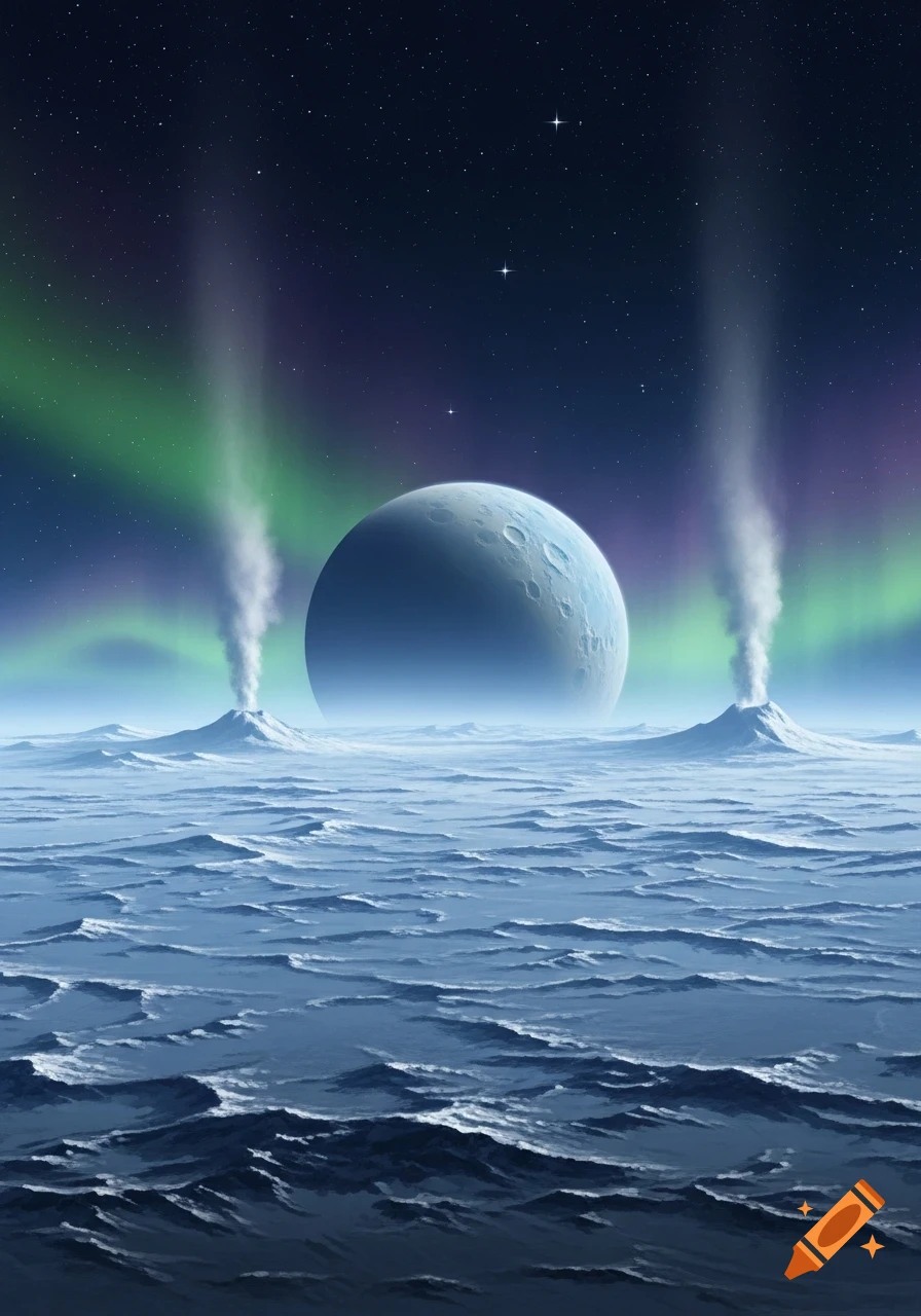 A cosmic landscape featuring an icy terrain, two smoking volcanoes, a large moon, and a green and purple aurora in the starry night sky.