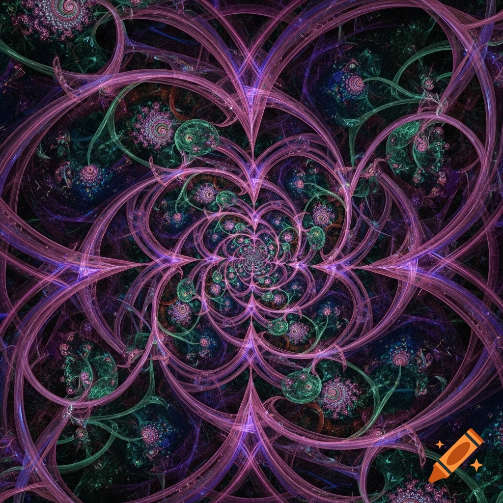 An intricate abstract fractal pattern with swirling pink, purple, and green lines and shapes on a dark background.