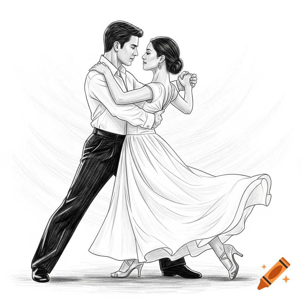 Black and white pencil sketch of a couple dancing bachata, gazing into each other's eyes.