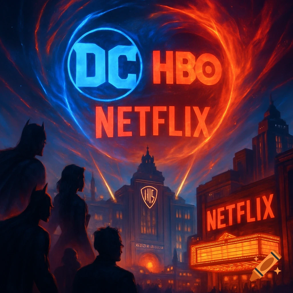 A stylized cityscape at night with silhouettes of characters, including Batman, looking up at glowing 'DC', 'HBO', and 'NETFLIX' logos in a fiery sky.