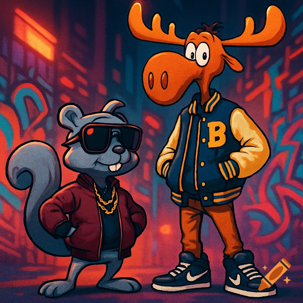 Cartoon Rocky the squirrel and Bullwinkle the moose, dressed in stylish streetwear, against a vibrant, neon-lit urban backdrop.