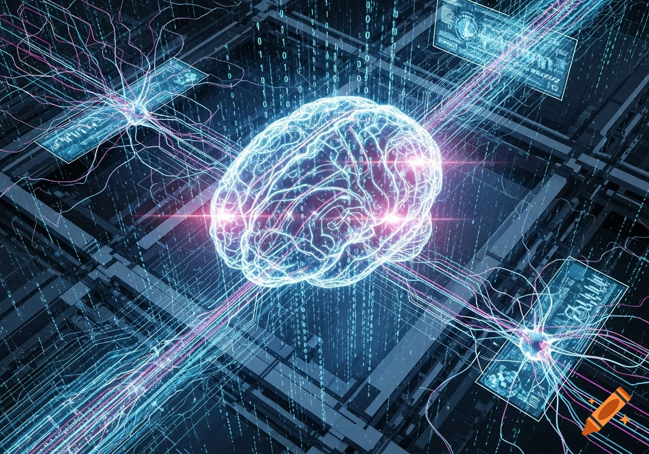 A glowing, futuristic brain representing AI, connected by intricate neural networks and data streams in a dynamic digital environment.