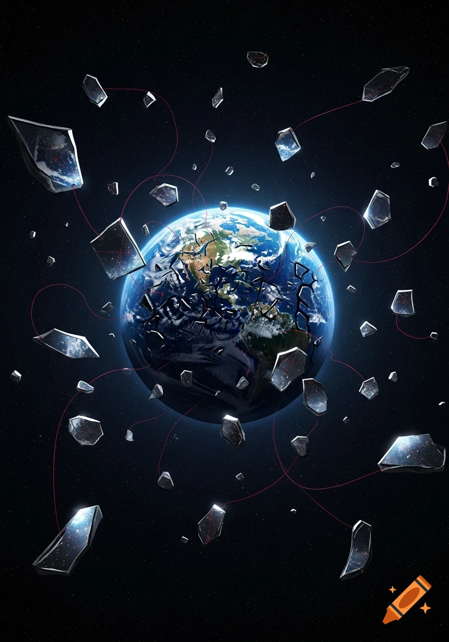 A shattered Earth floats in dark space, surrounded by reflective fragments connected by glowing red threads.