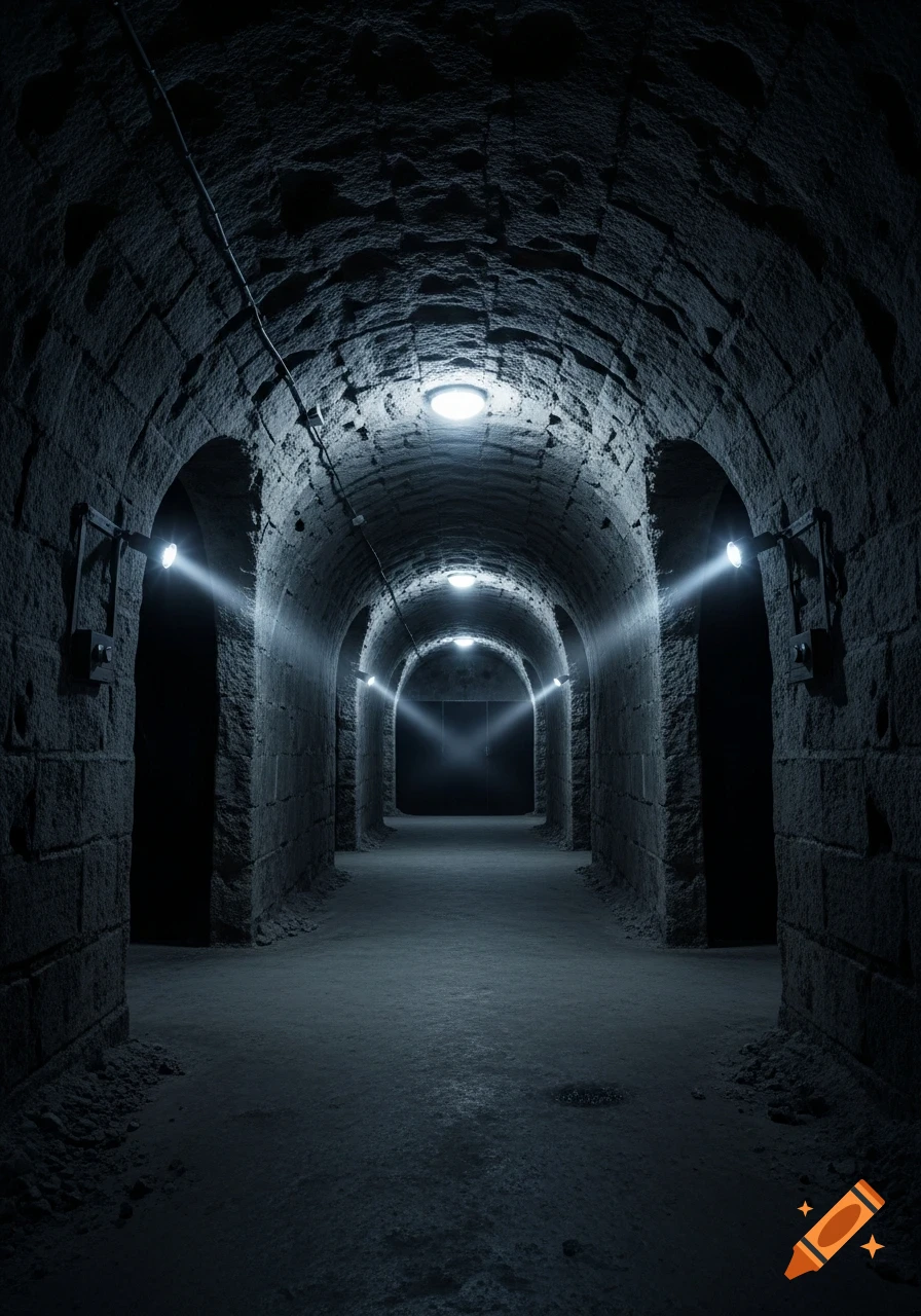 A photorealistic view down a dark, arched stone tunnel with multiple glowing lights and side passages receding into darkness.