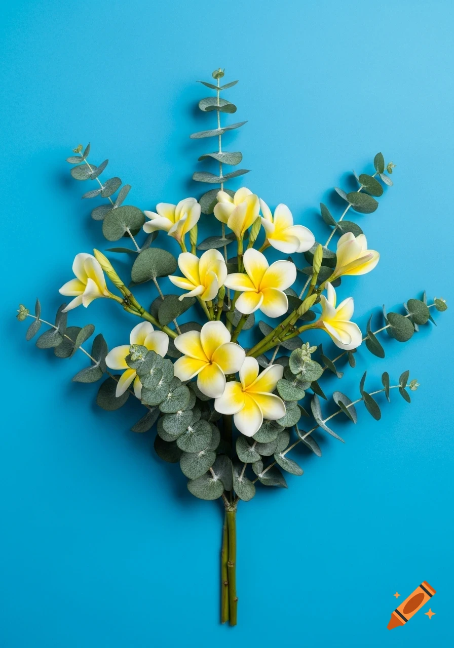 A photorealistic bouquet of white and yellow plumeria flowers with green eucalyptus leaves arranged on a bright blue background.
