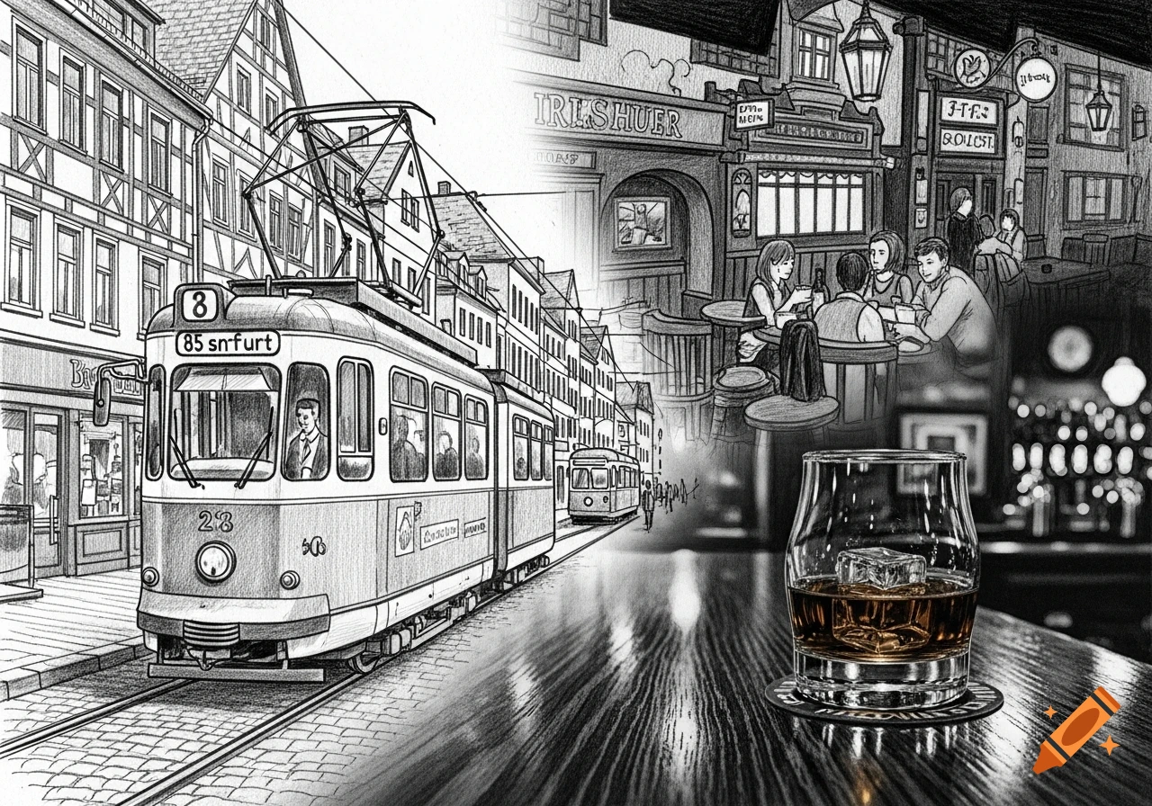 Pencil sketch combining a street scene with a tram in a city, and an interior of an Irish pub with people and a glass of whiskey on a table.