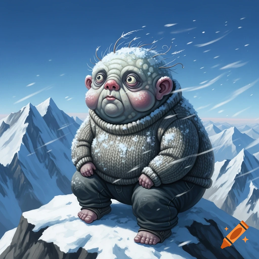A round, grey, gnomish creature with pink cheeks and a sweater sits on a snowy mountain peak as snow falls.